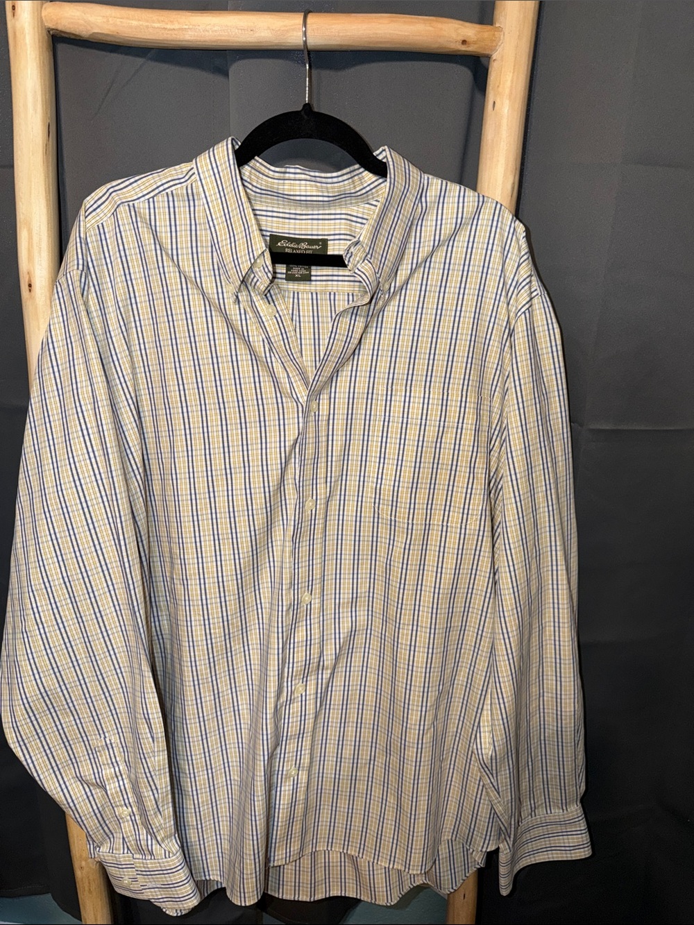 Eddie Bauer Men's White Shirt with Blue and Yellow Plaid